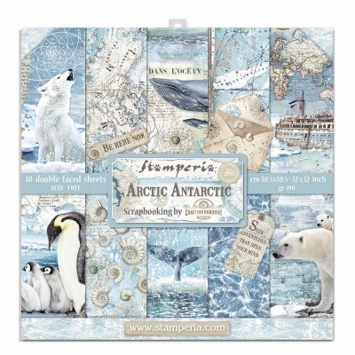 Folhas de scrapbooking Stamperia Arctic Antarctic com temas de animais polares e mapas antigos.