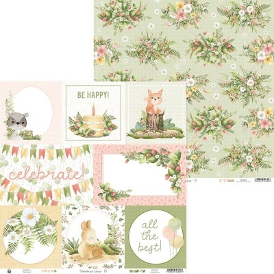 Conjunto de papel decorativo para scrapbooking com flores, animais e texto em inglês