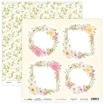 Folha dupla face de papel para scrapbooking com molduras florais e padrões verdes