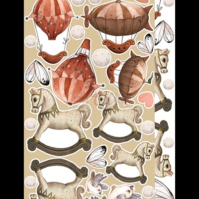 adesivos vintage com balões, cavalos de balanço, pássaros e corações sobre fundo bege