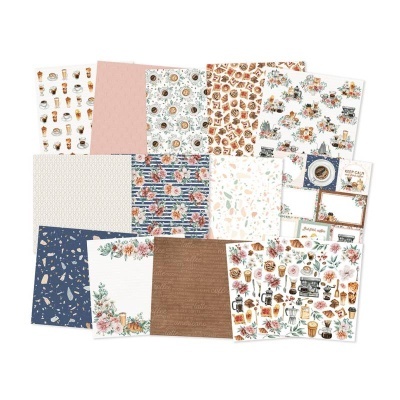 Folhas de papel decorativo com padrões de café e flores em várias cores