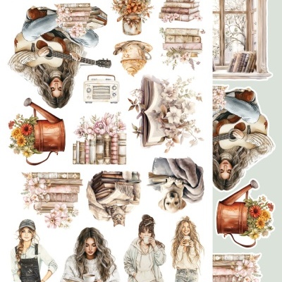 Ilustrações digitais de janelas, mulheres, livros, flores, rádio e guitarra com cores suaves