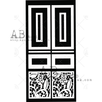 Porta decorativa preta e branca com padrão geométrico e design animal