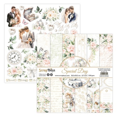 Folhas de papel para scrapbook com temas de casamento e flores em tons pastel