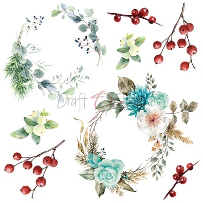 Elementos florais e folhagens em aquarela com flores azuis e brancas e bagas vermelhas