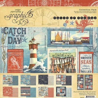 Pack de coleção de papel decorativo com tema marítimo e náutico, mostrando farol, barco, caranguejo e textos em inglês.