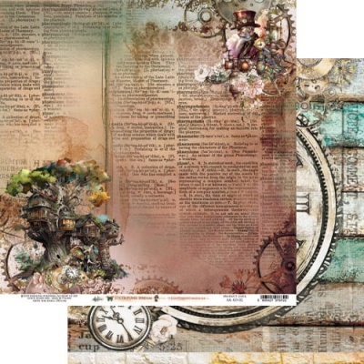Papel decorativo vintage com texto em inglês e elementos steampunk coloridos