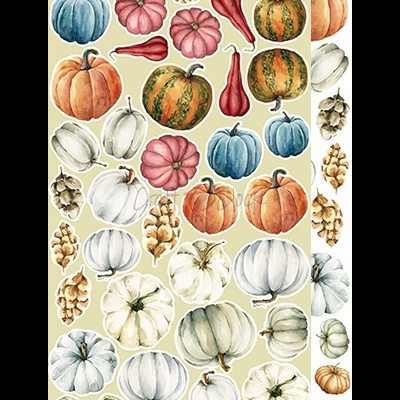 desenho de abóboras coloridas e cubos de noz em aquarela