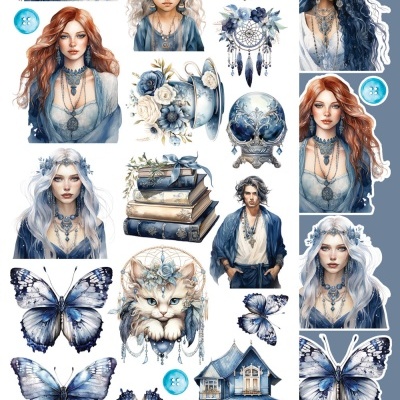 Coleção de ilustrações artísticas em tons azul e branco com pessoas, objetos vintage e natureza