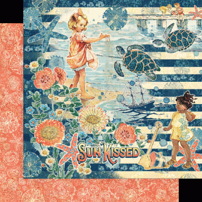 Papel decorativo com crianças, tartarugas, flores e texto 'SUN KISSED' em padrão colorido.