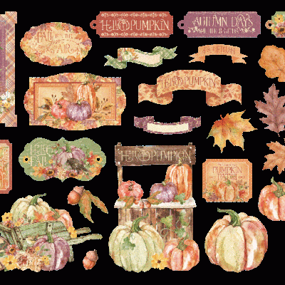Etiquetas decorativas de outono com abóboras, folhas e textos em tons pastel