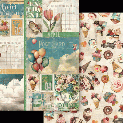 Padrões decorativos vintage com temas de postais, calendários e sobremesas em tons pastel.