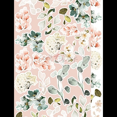 Estampa floral com flores em verde, branco e rosa sobre fundo rosa claro.