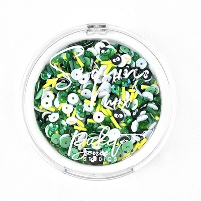 Potinho transparente com lantejoulas coloridas e texto branco no topo