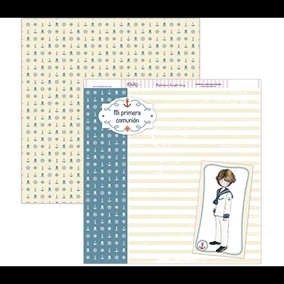 Papel decorativo com tema de primeira comunhão com âncoras e menino vestido de marinheiro