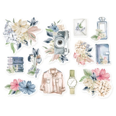 Conjunto de ilustrações com flores, câmara fotográfica, relógio, camisa, livros, perfume e porta-moedas