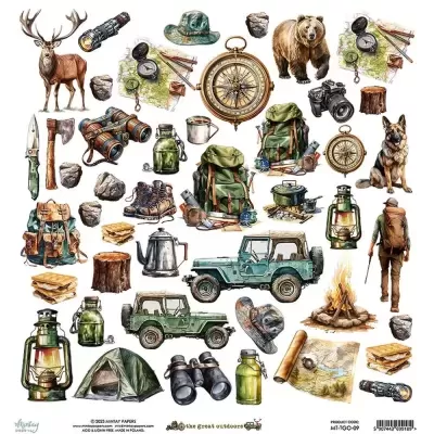 Ilustração de equipamentos e animais para atividades ao ar livre com mochilas, bússolas, binóculos, ursos e tendas