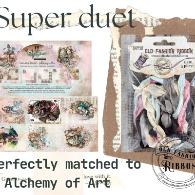 Folha com ilustrações artísticas e pacote de fitas Old Fashion Ribbon em cores pastel