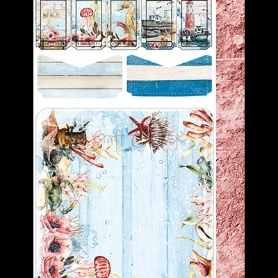 Cartões decorativos com temas marítimos e padrões coloridos em fundo rosa