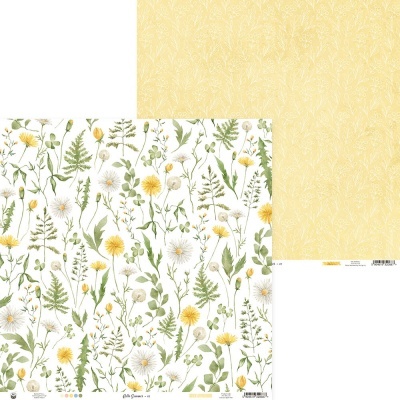 Papel decorativo para scrapbook com padrão floral amarelo, branco e verde de um lado e padrão amarelo claro do outro.