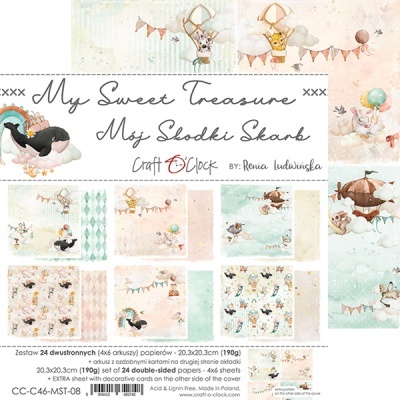Conjunto de cartões decorativos 'My Sweet Treasure' com ilustrações de animais e elementos infantis em tons pastel