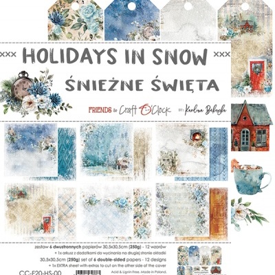 Papéis duplos para artesanato com designs de inverno e Natal em tons azuis, brancos e castanhos