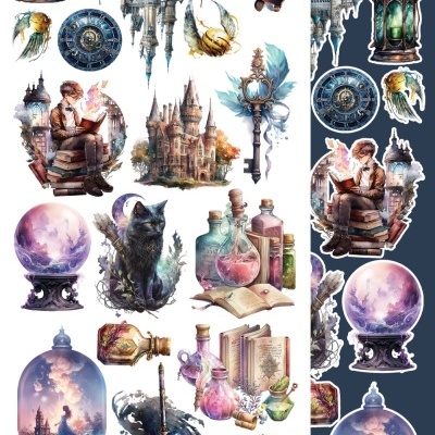 Adesivos com ilustrações fantásticas e mágicas de castelos, objetos antigos, e personagens reading e princesa sob cúpula.