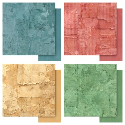 Papéis decorativos com texturas envelhecidas em azul, vermelho, bege e verde