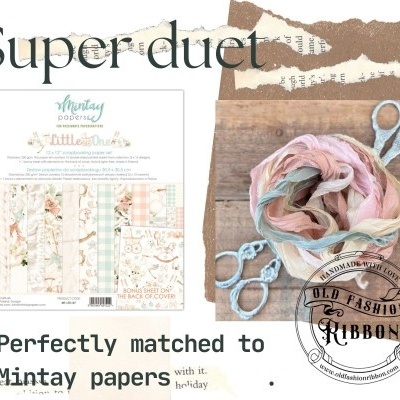 Papéis Mintay com padrões florais e fita colorida em fundo de madeira.