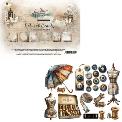 Conjunto artístico de itens antigos de costura com manequins, botões, linhas, fita métrica e guarda-chuva