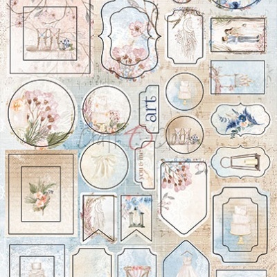 Cartões recortáveis decorativos com desenhos de casamento e flores em tons pastel