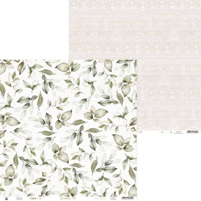 Papel decorativo com padrão de folhas verdes e texto em fundo bege