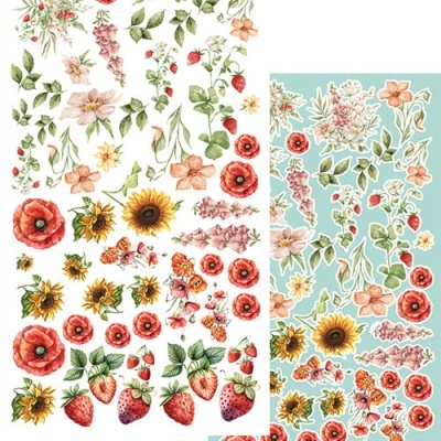 Autocolantes decorativos de flores e morangos variados com fundo azul