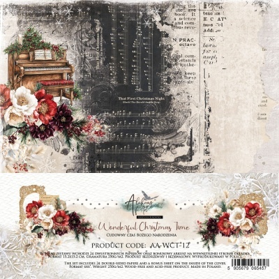 Papéis decorativos de dupla face para Natal com piano, flores e partitura.