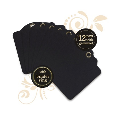 12 etiquetas pretas com ilhós dourado e anel de argola