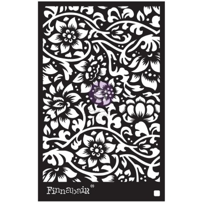 Stencil preto com padrão floral branco e palavra Finnabair