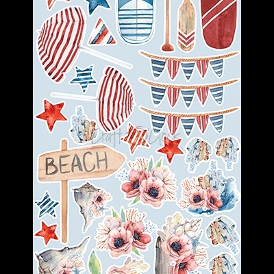 Adesivos de praia com pranchas, remos, estrelas do mar, flores e placa BEACH