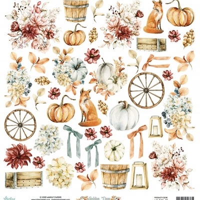 Elementos decorativos de outono em aquarela: flores, abóboras, raposas, rodas, lanternas e caixas de madeira