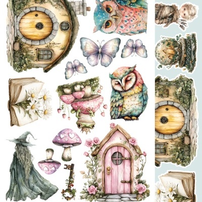 Ilustrações de fantasia com casas, corujas, cogumelos, chave, sapo, borboletas, livro com flores e personagem fantasmagórico