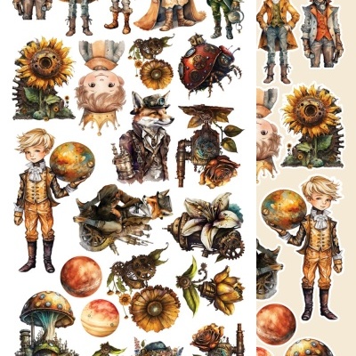 Ilustrações steampunk de personagens e elementos naturais