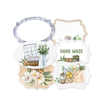 Etiquetas decorativas com motivos naturais, flores e texto HAND MADE.