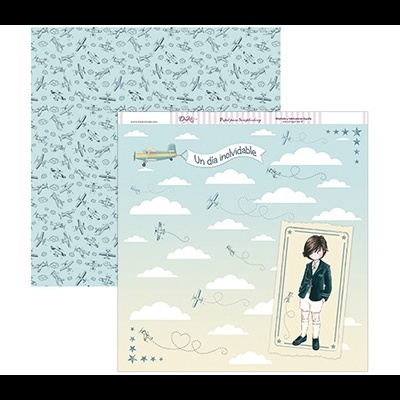 Cartão infantil com menino, avião e nuvens e verso com padrão azul claro