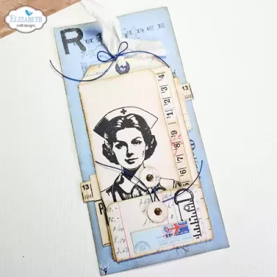 convite ou embalagem de papel decorativo com imagem vintage em tons azuis e bege
