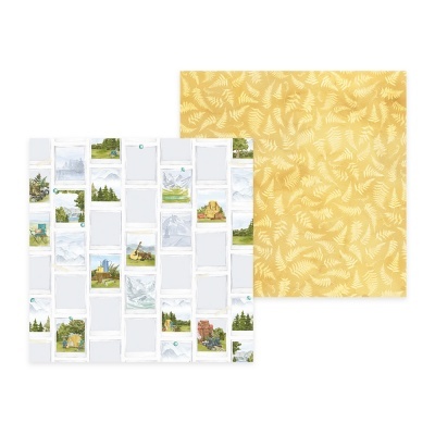 Papel de scrapbook com padrão de selos postais e papel amarelo com padrão de folhas