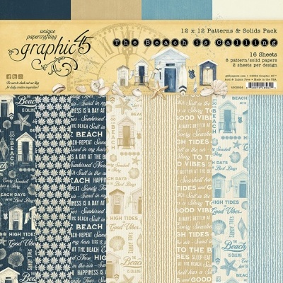 Papéis decorativos para scrapbooking tema praia com padrões em azul, bege e branco