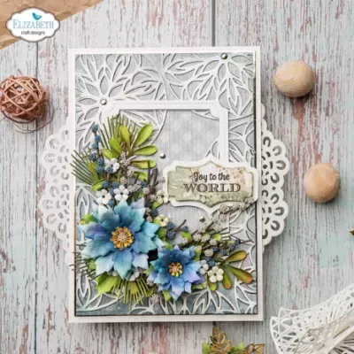 Cartão decorativo com flores azuis e verdes e fundo cinza com padrão de folhas