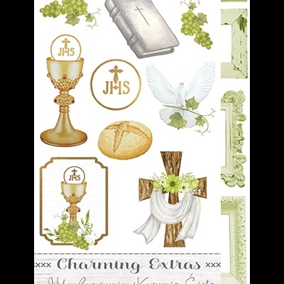 Ilustrações para primeira comunhão com símbolos religiosos, pão, pomba e molduras decorativas