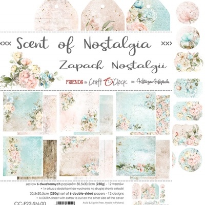 Papéis e etiquetas florais em tons pastel azul e bege com texto 'Scent of Nostalgia Zapach Nostalgii'.