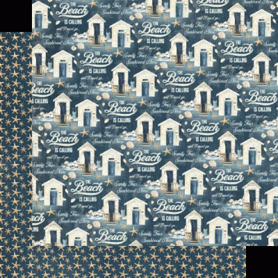 tecido padrão casas de praia estrelas do mar e texto THE Beach IS CALLING
