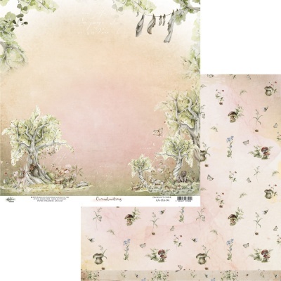 Papel decorativo para scrapbooking com árvores e flores em tons pastel